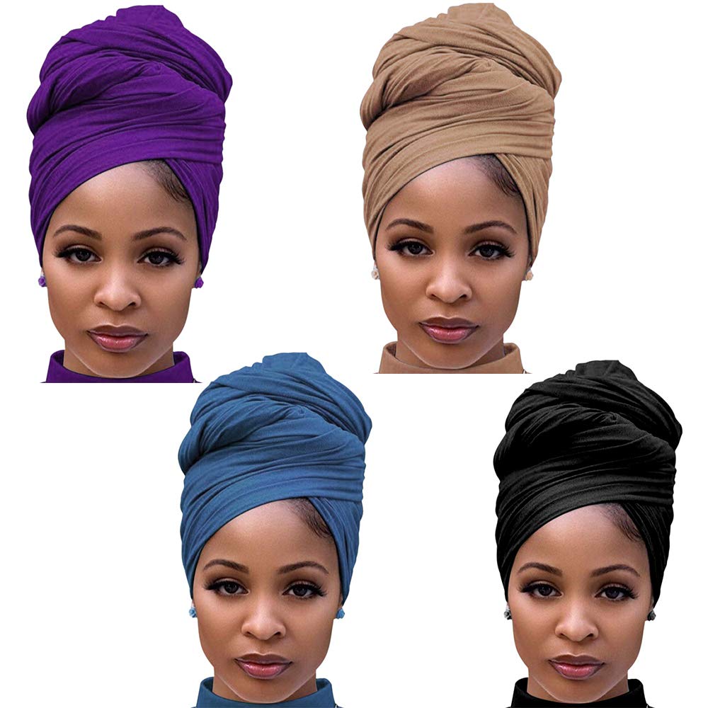 4 Packs Stretch Jersey Turban Head Wrap Scarf Headwraps for Women African Head Wraps Long Hair Scarf Ultra Soft Breathable Solid Color Turban Tie Large Headband (Black PurpleBrownBlue)